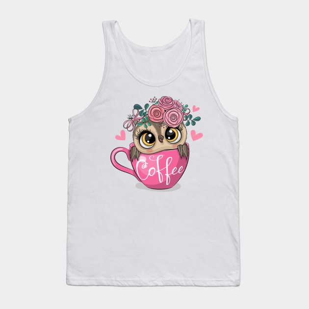 A cute owl with flowers on its head sits in a cup Tank Top by Reginast777